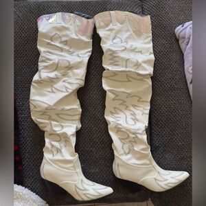Women's Cream Embroidered Knee-High Boots